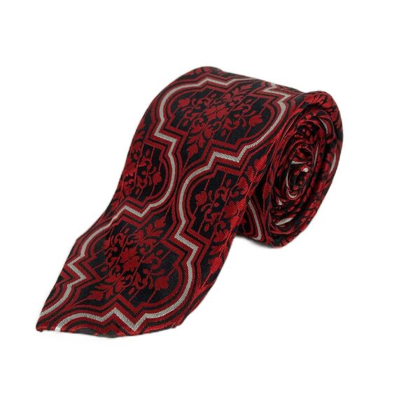 Paul Fredrick Tie Mens Red Black Floral Acanthus‎ Patterned Classic Pointed Silk - Picture 1 of 7